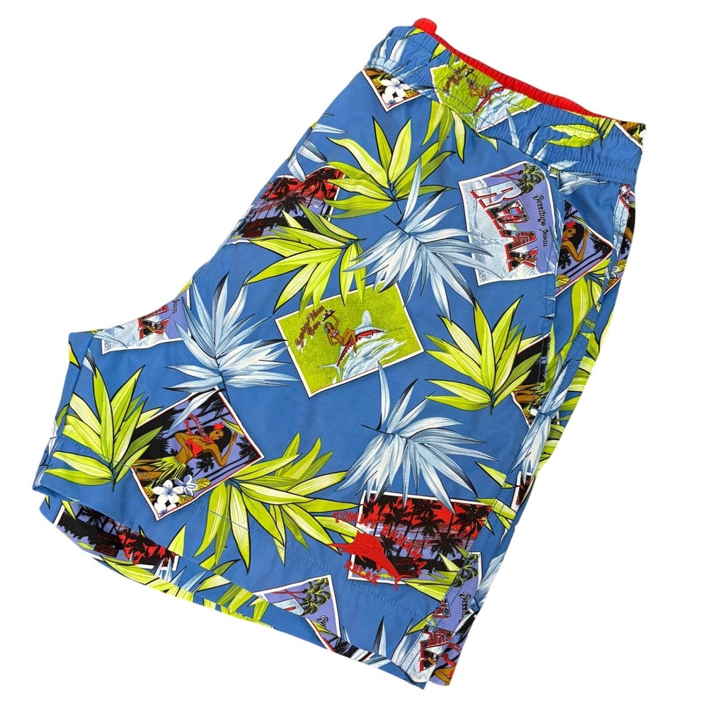 Tommy‎ Bahama Mens Blue Tropical Postcard Print Swim Trunks Board Shorts Large L